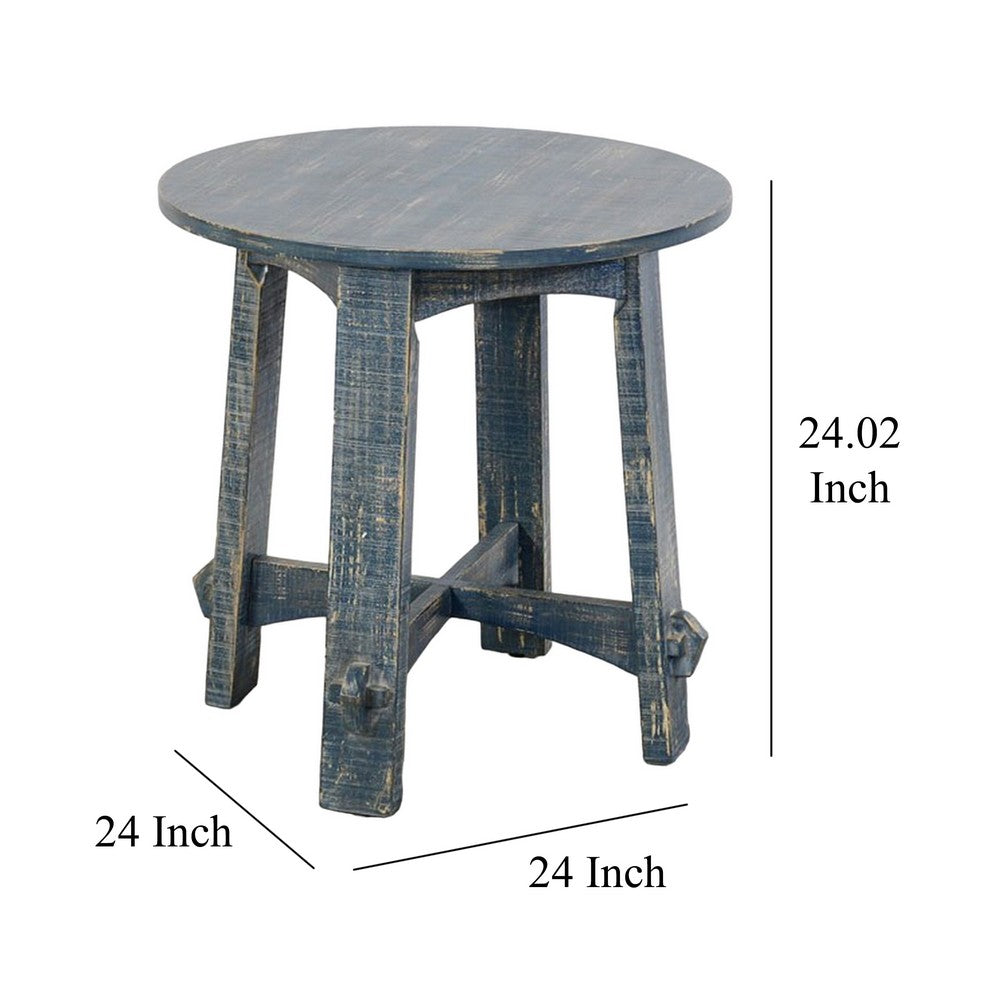 Benjara Rena Side End Table, 24 Inch Round Top, Rustic Distressed Blue Wood