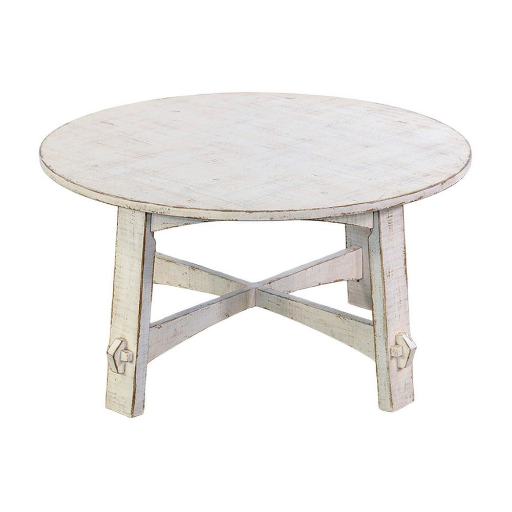 Benjara Rena Rustic Coffee Table, 36 Inch Round Top, Distressed White Wood