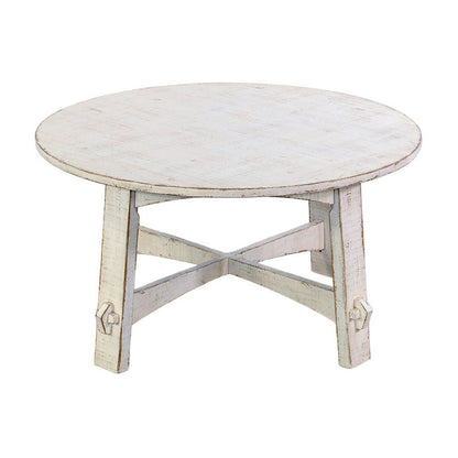 Benjara Rena Rustic Coffee Table, 36 Inch Round Top, Distressed White Wood
