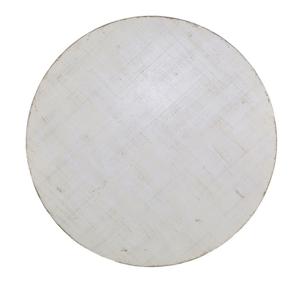 Benjara Rena Rustic Coffee Table, 36 Inch Round Top, Distressed White Wood