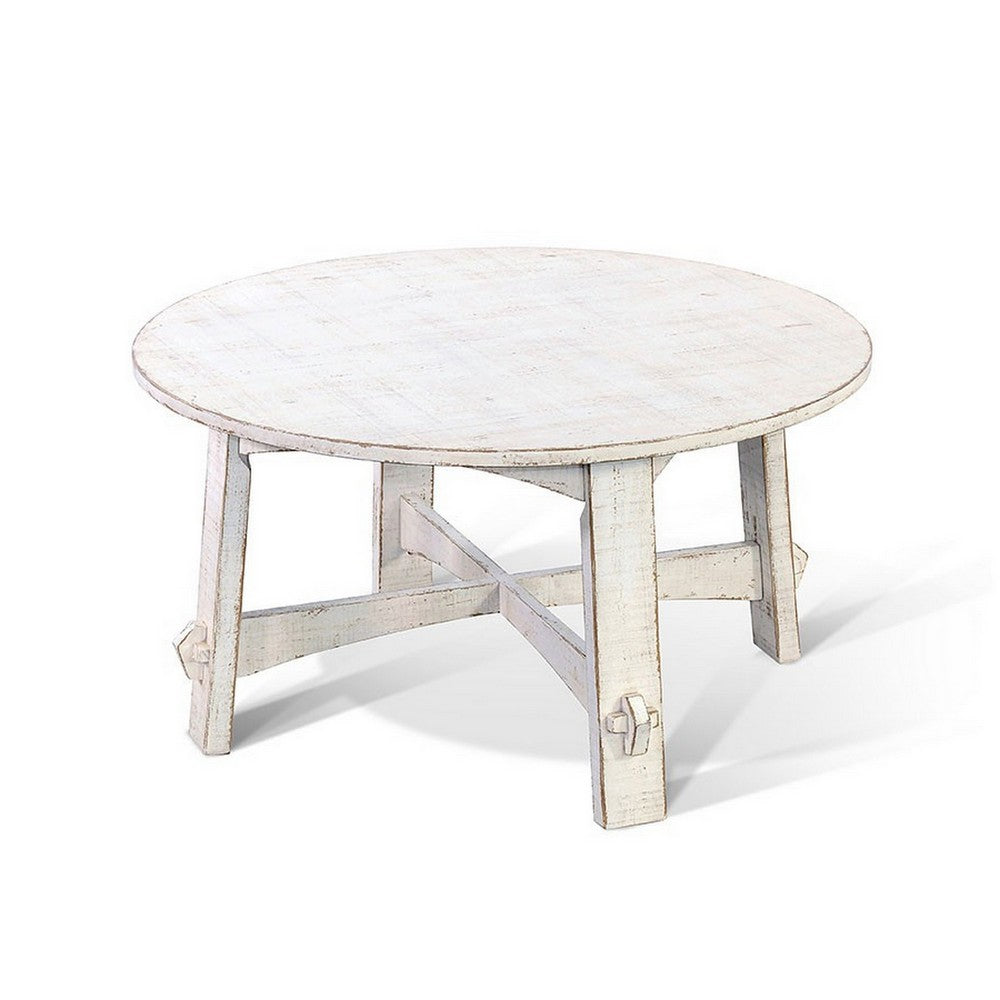 Benjara Rena Rustic Coffee Table, 36 Inch Round Top, Distressed White Wood