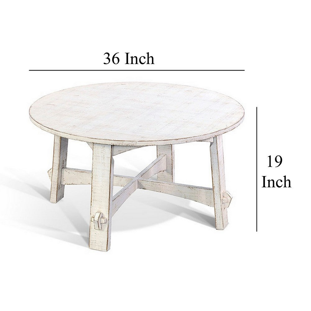 Benjara Rena Rustic Coffee Table, 36 Inch Round Top, Distressed White Wood