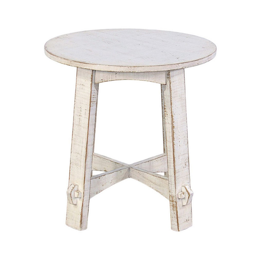 Benjara Rena Rustic Side End Table, X Legs, 24in Round, Distressed White Wood