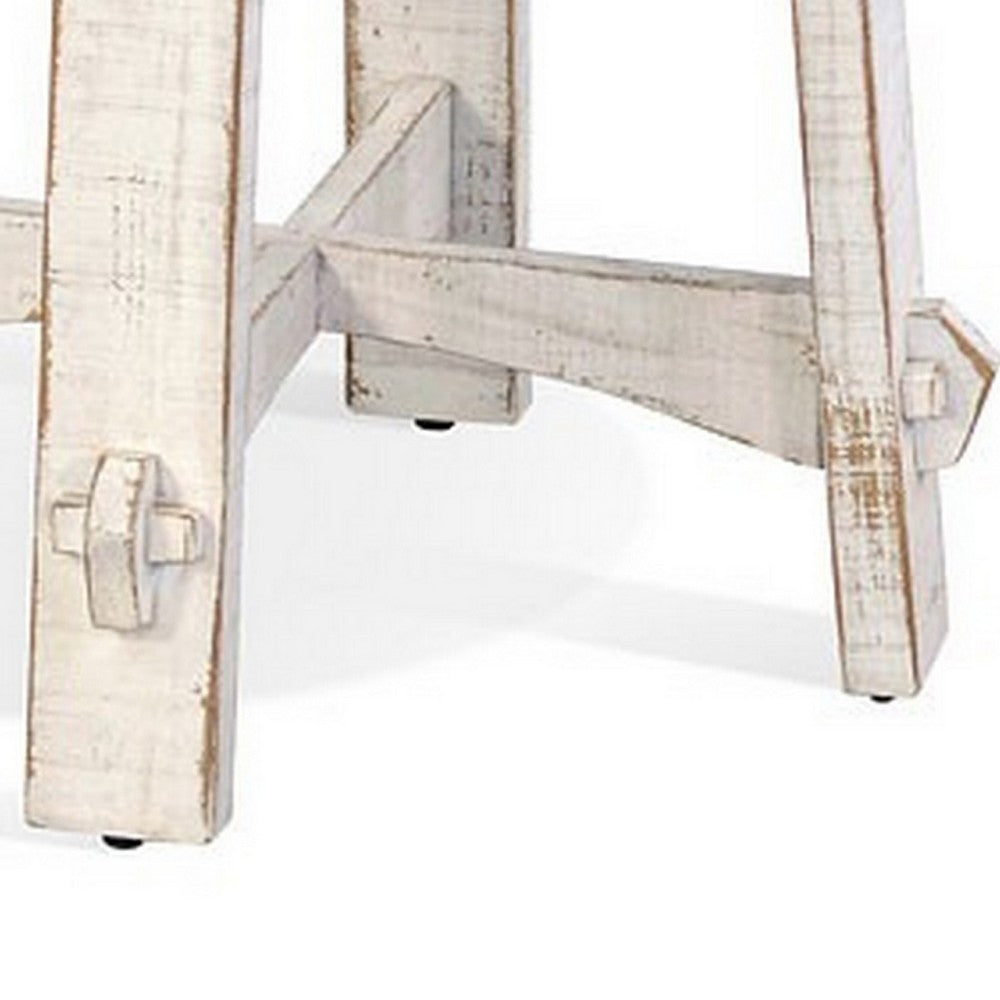 Benjara Rena Rustic Side End Table, X Legs, 24in Round, Distressed White Wood
