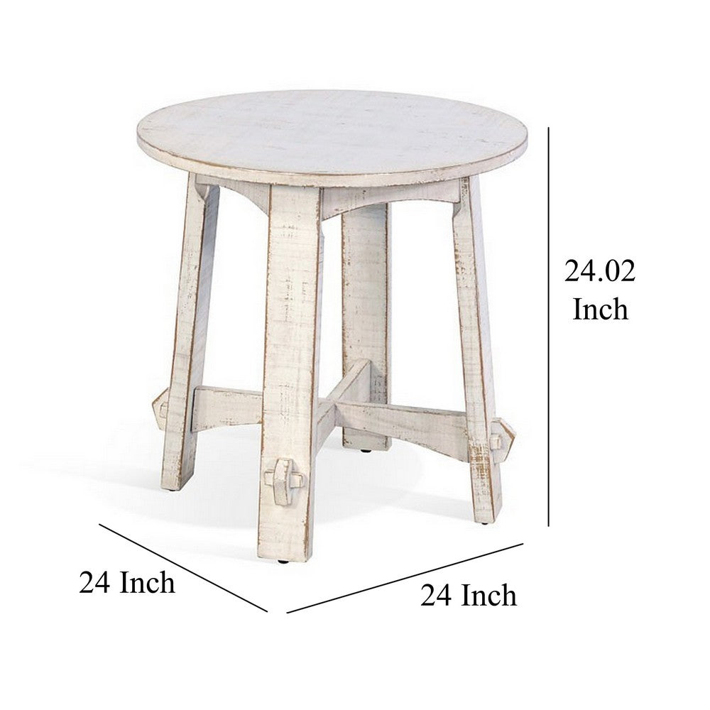 Benjara Rena Rustic Side End Table, X Legs, 24in Round, Distressed White Wood