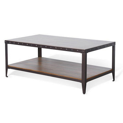 Benjara Ayka Coffee Table w Shelf, Nailhead Accent, 48 Inch Rectangular Brown