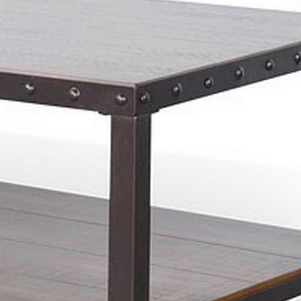 Benjara Ayka Coffee Table w Shelf, Nailhead Accent, 48 Inch Rectangular Brown