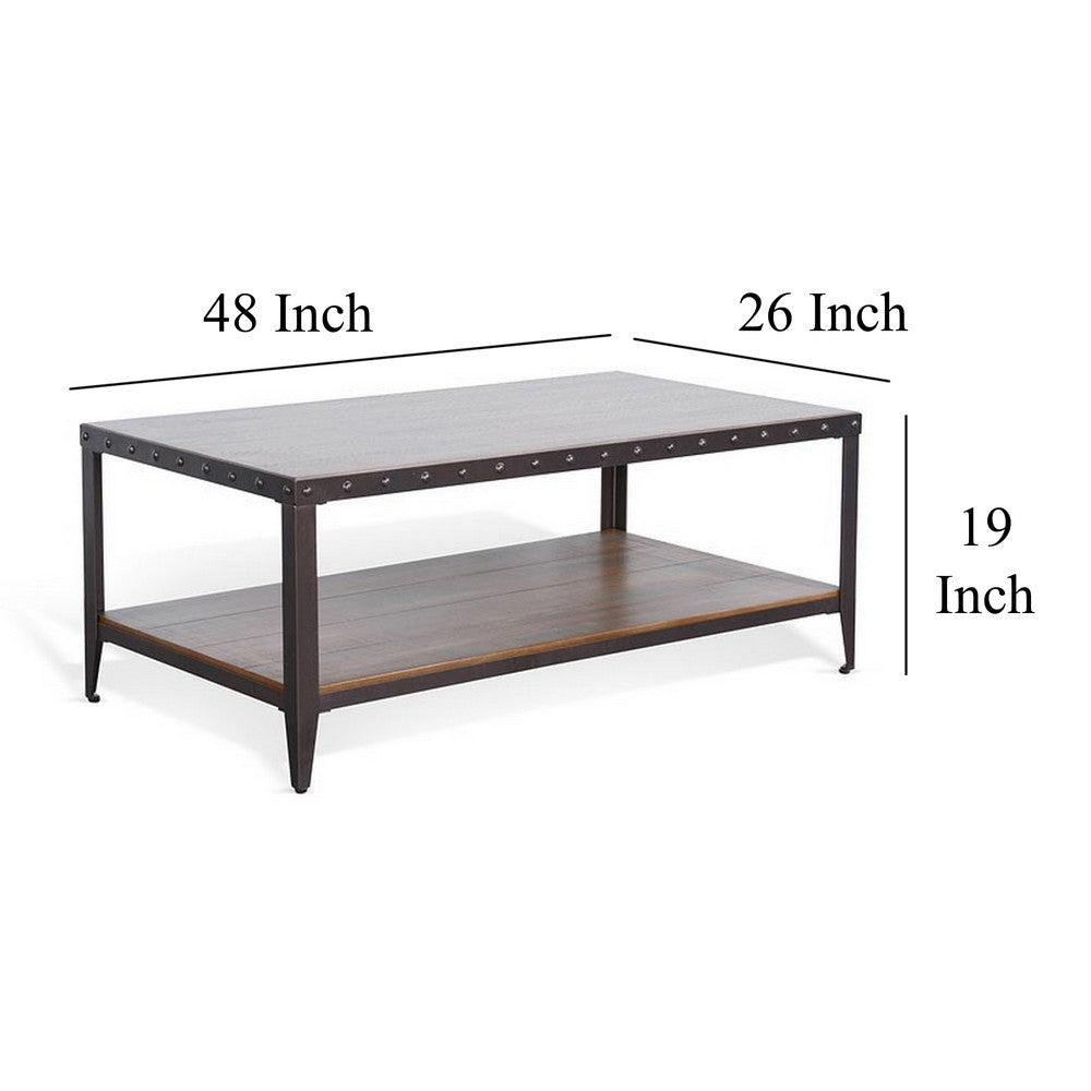 Benjara Ayka Coffee Table w Shelf, Nailhead Accent, 48 Inch Rectangular Brown