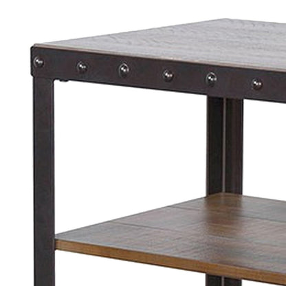 Benjara Ayka Chairside Table w 2 Shelf, Nailhead, 28 Inch Rectangular Brown