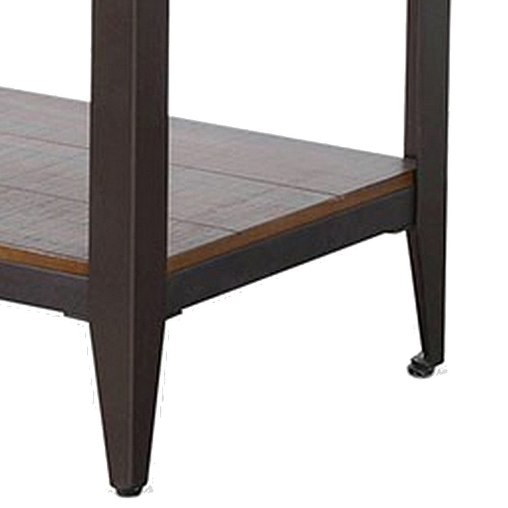 Benjara Ayka Chairside Table w 2 Shelf, Nailhead, 28 Inch Rectangular Brown