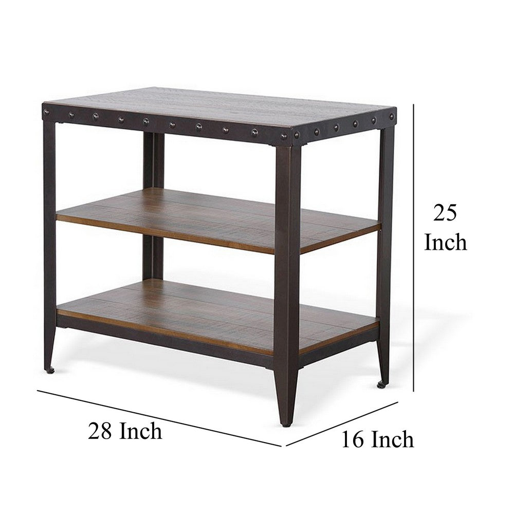 Benjara Ayka Chairside Table w 2 Shelf, Nailhead, 28 Inch Rectangular Brown