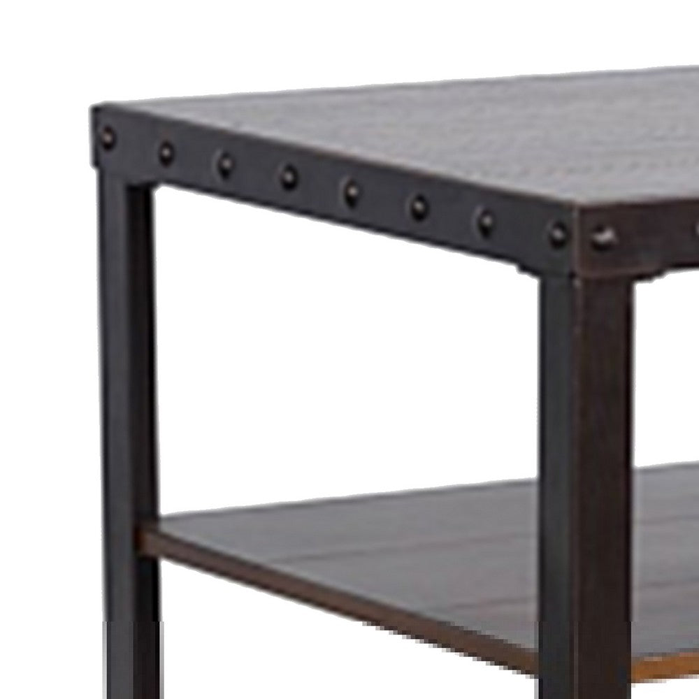 Benjara Ayka Side End Table w 2 Shelf, Nailhead, 24 Inch Rectangular Brown