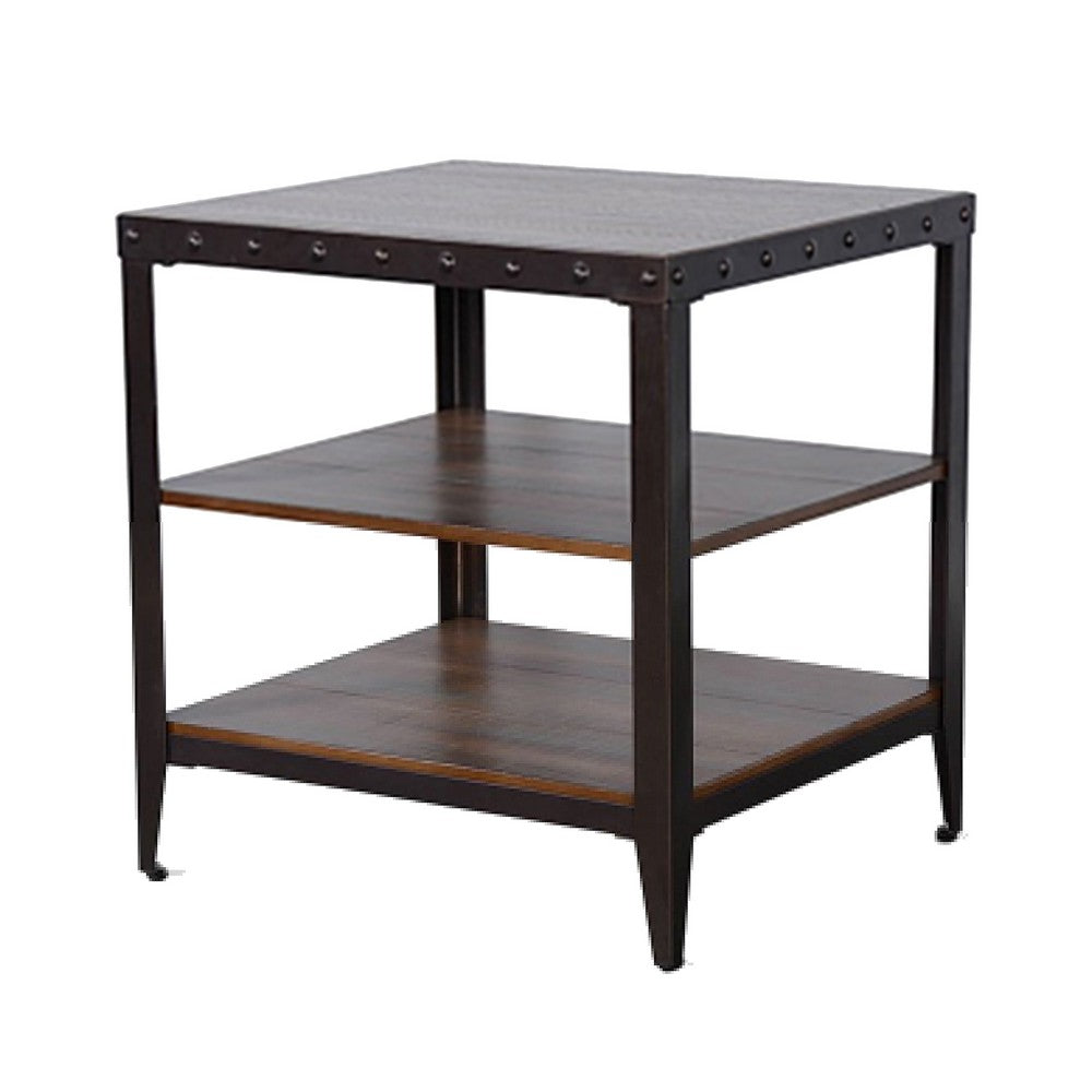 Benjara Ayka Side End Table w 2 Shelf, Nailhead, 24 Inch Rectangular Brown