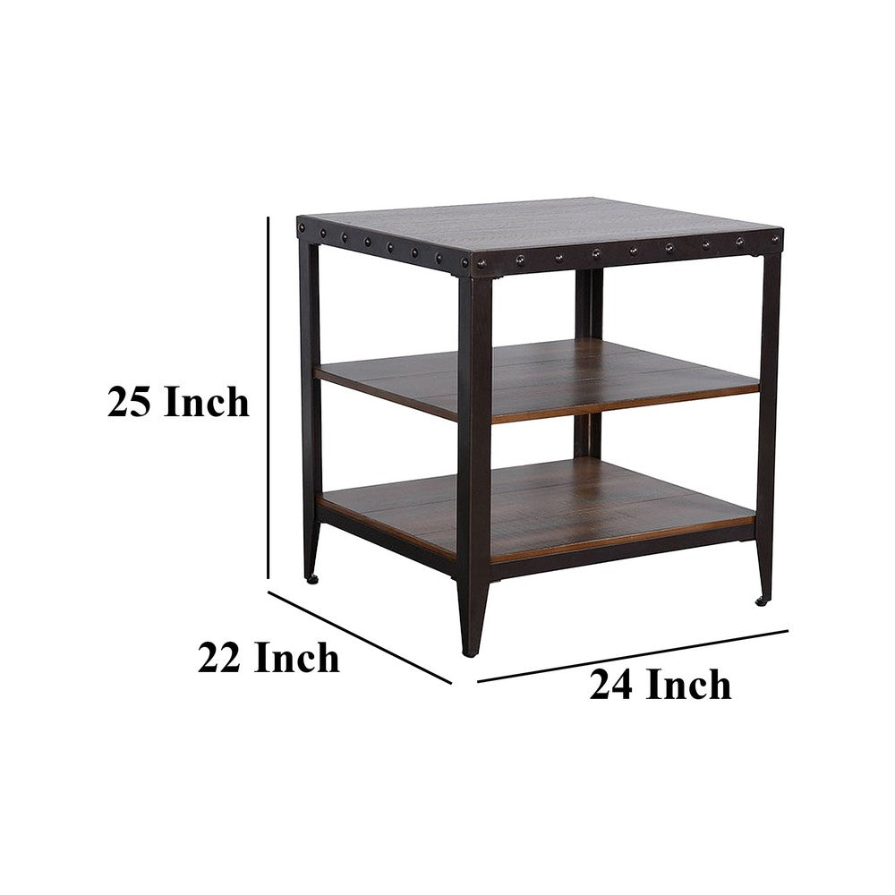 Benjara Ayka Side End Table w 2 Shelf, Nailhead, 24 Inch Rectangular Brown