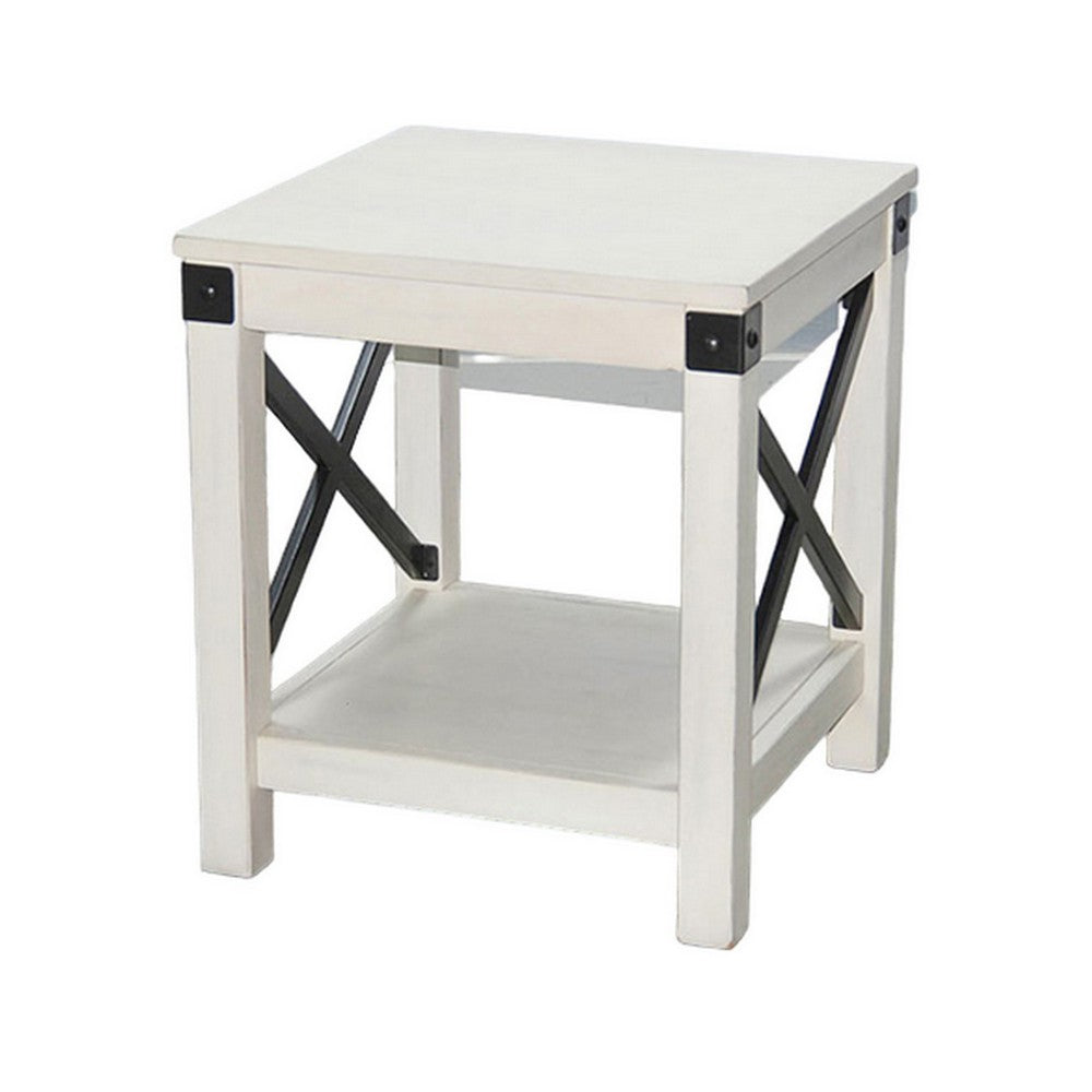 Benjara Sime Side End Table w Shelf, X Panel, 20 Inch Square Off White Wood