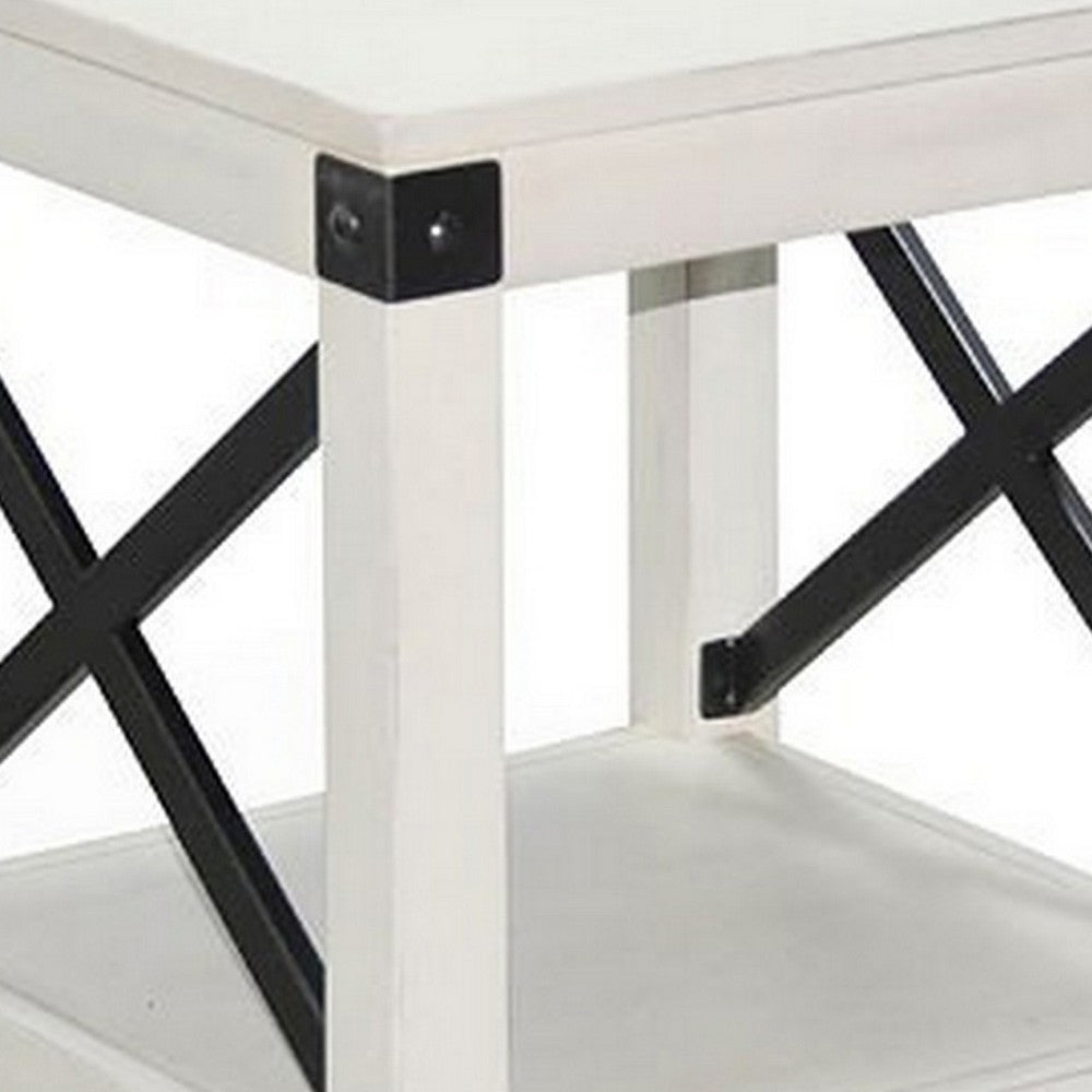 Benjara Sime Side End Table w Shelf, X Panel, 20 Inch Square Off White Wood