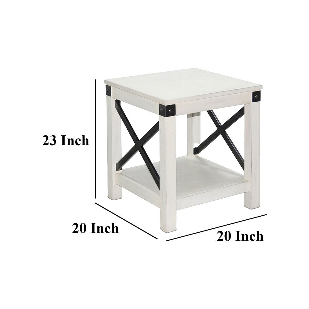 Benjara Sime Side End Table w Shelf, X Panel, 20 Inch Square Off White Wood