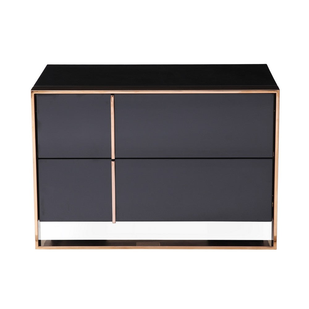 Benjara Caer Nightstand, 2 Drawers, Modern Rose Gold Stainless Steel, Black