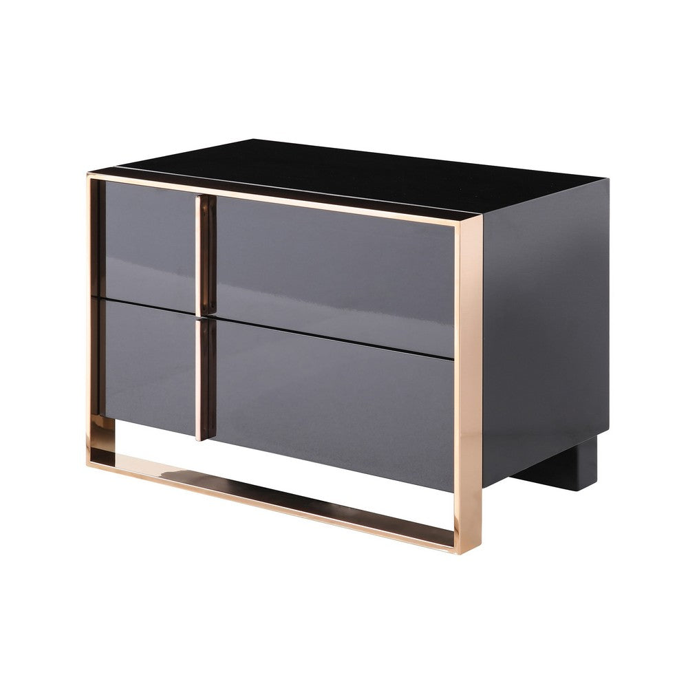 Benjara Caer Nightstand, 2 Drawers, Modern Rose Gold Stainless Steel, Black
