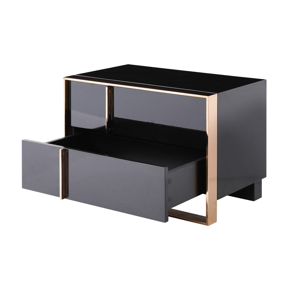 Benjara Caer Nightstand, 2 Drawers, Modern Rose Gold Stainless Steel, Black
