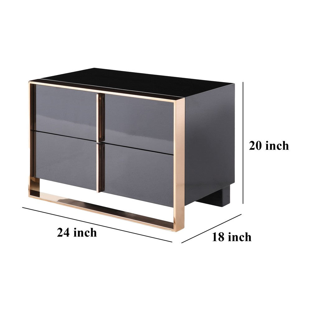 Benjara Caer Nightstand, 2 Drawers, Modern Rose Gold Stainless Steel, Black