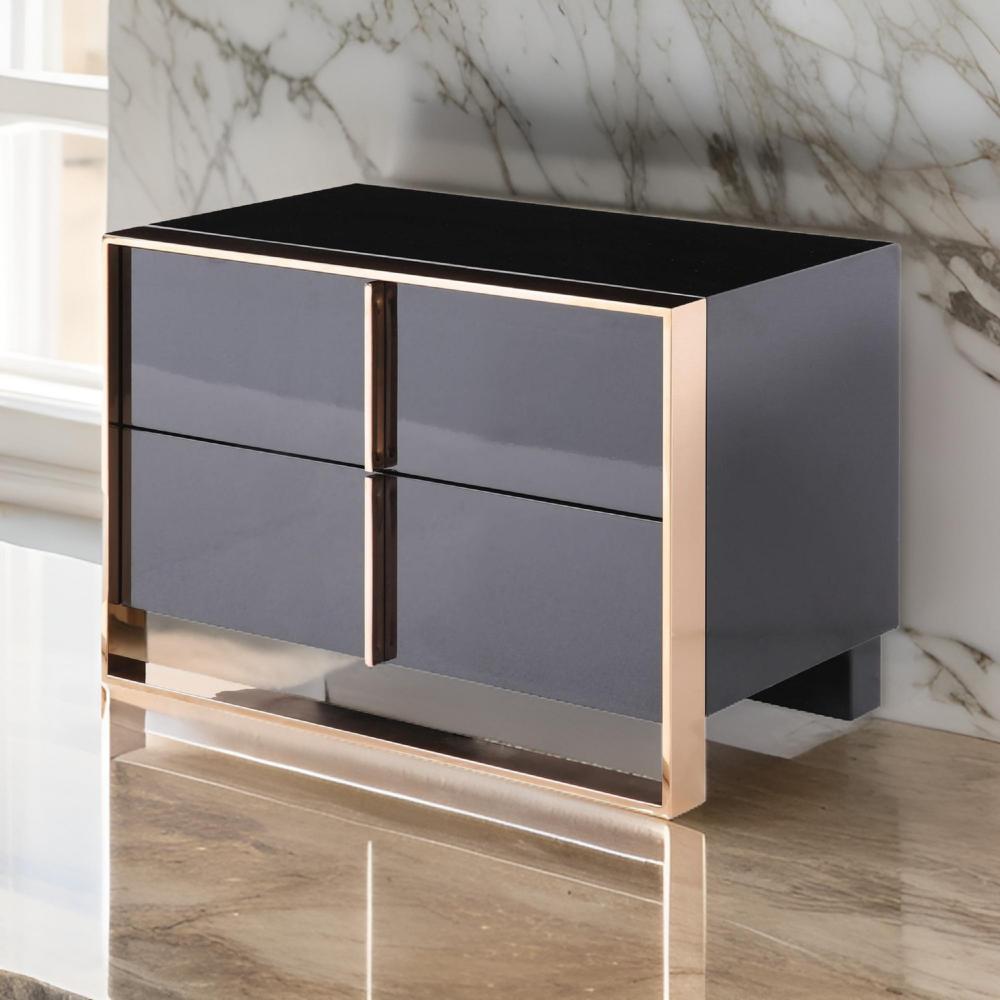 Benjara Caer Nightstand, 2 Drawers, Modern Rose Gold Stainless Steel, Black
