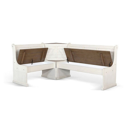 Benjara Sime 4pc Corner Breakfast Nook Set | Farmhouse White Brown Dining Table with 3 Benches
