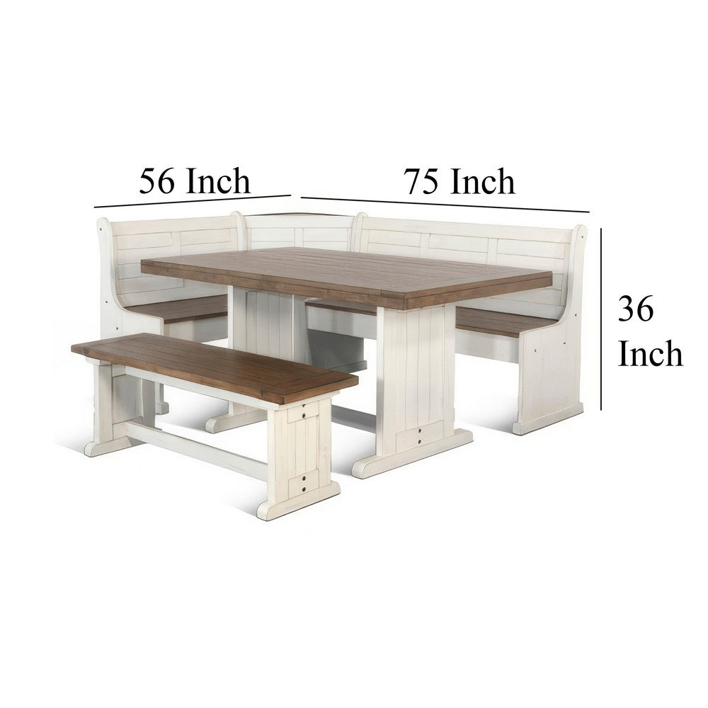Benjara Sime 4pc Corner Breakfast Nook Set | Farmhouse White Brown Dining Table with 3 Benches