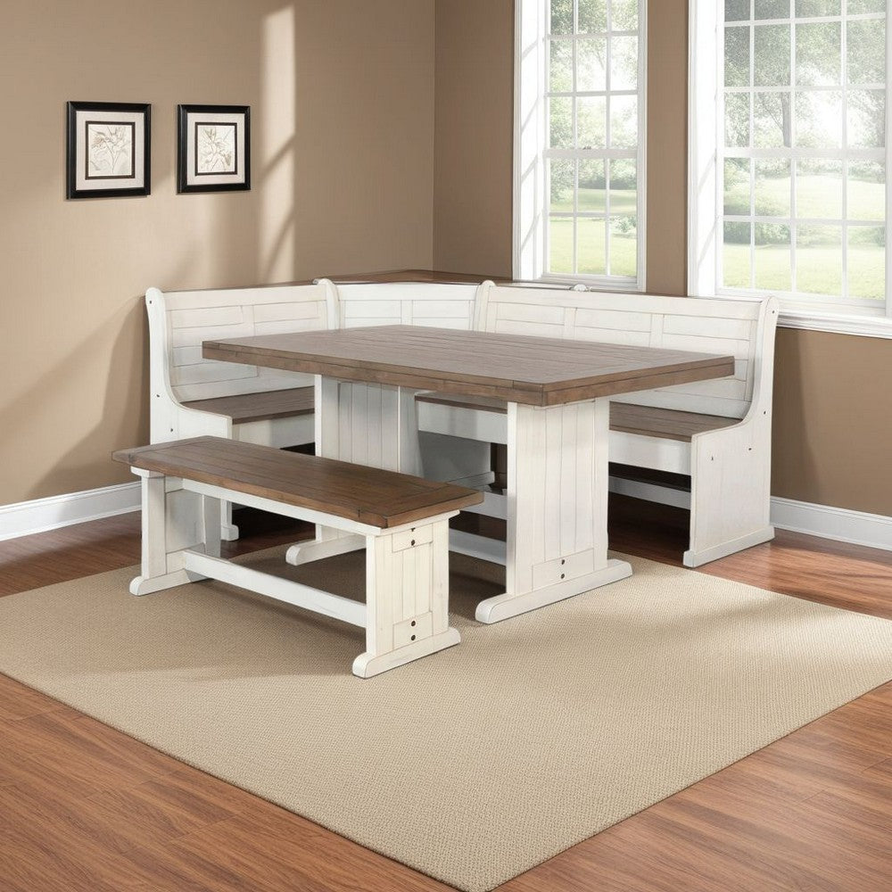 Benjara Sime 4pc Corner Breakfast Nook Set | Farmhouse White Brown Dining Table with 3 Benches