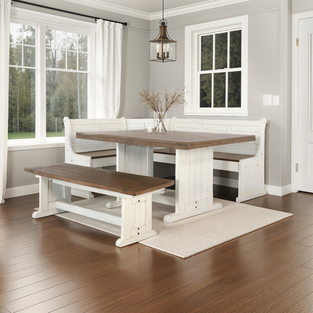 Benjara Sime 4pc Corner Breakfast Nook Set | Farmhouse White Brown Dining Table with 3 Benches