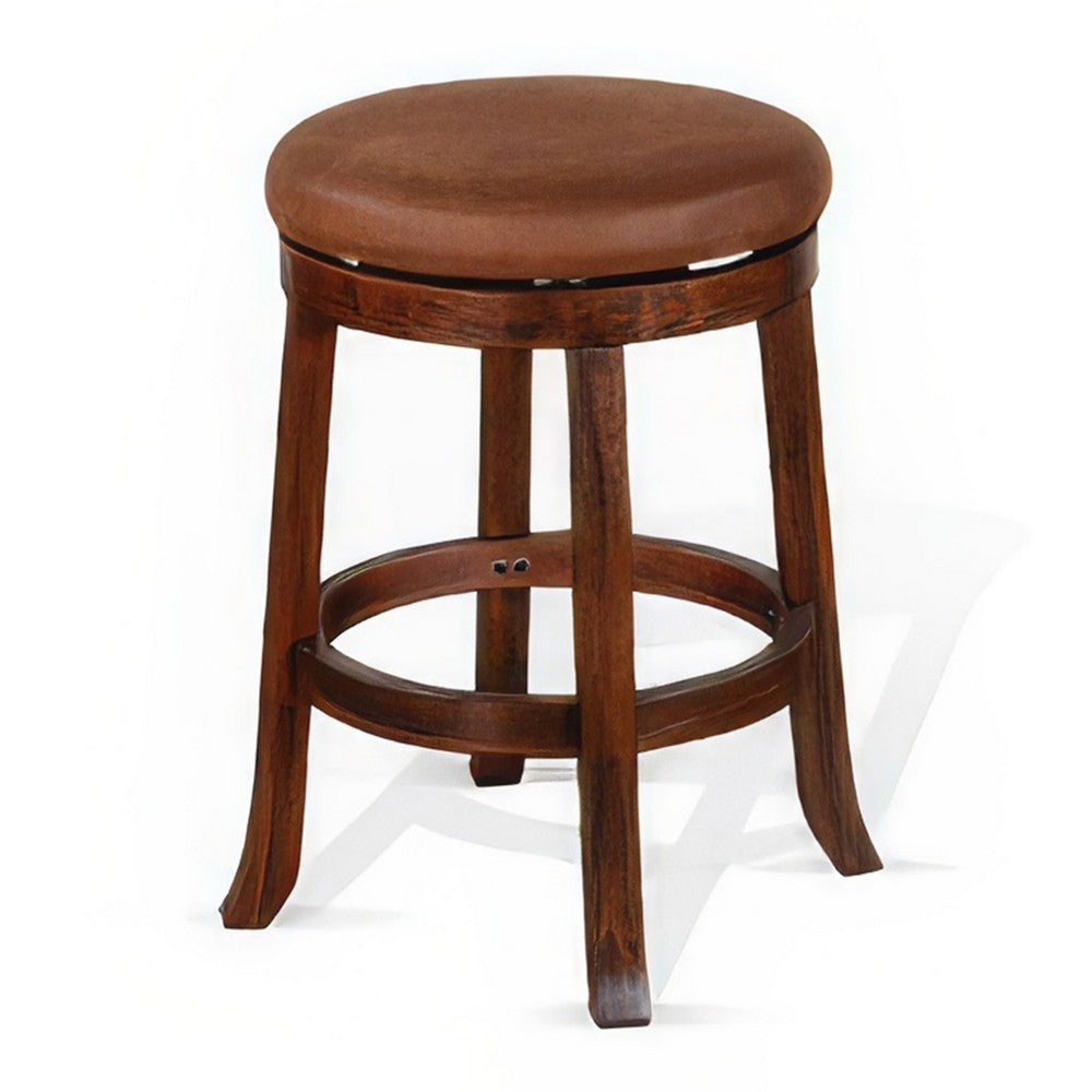 Benjara Odel Swivel Counter Stool Set of 2, Brown Faux Leather, Dark Mahogany