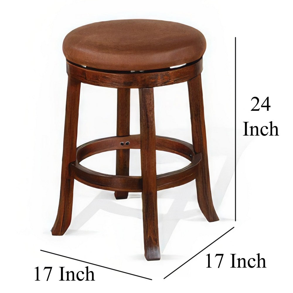 Benjara Odel Swivel Counter Stool Set of 2, Brown Faux Leather, Dark Mahogany