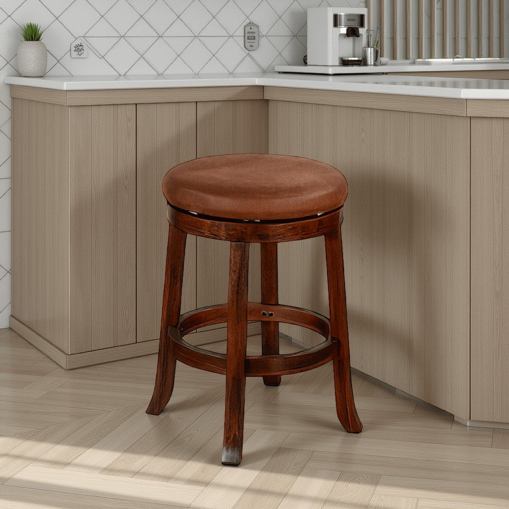 Benjara Odel Swivel Counter Stool Set of 2, Brown Faux Leather, Dark Mahogany