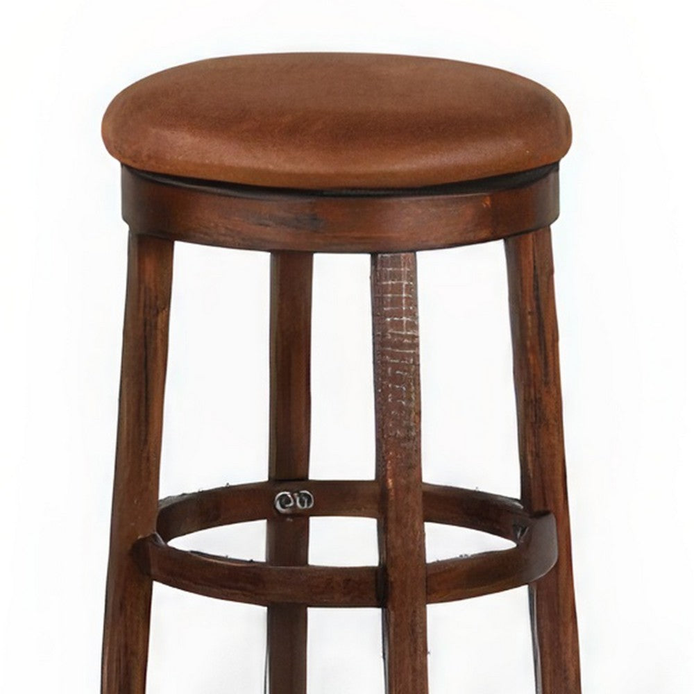 Benjara Odel Swivel Barstool Set of 2, Brown Faux Leather, Dark Mahogany