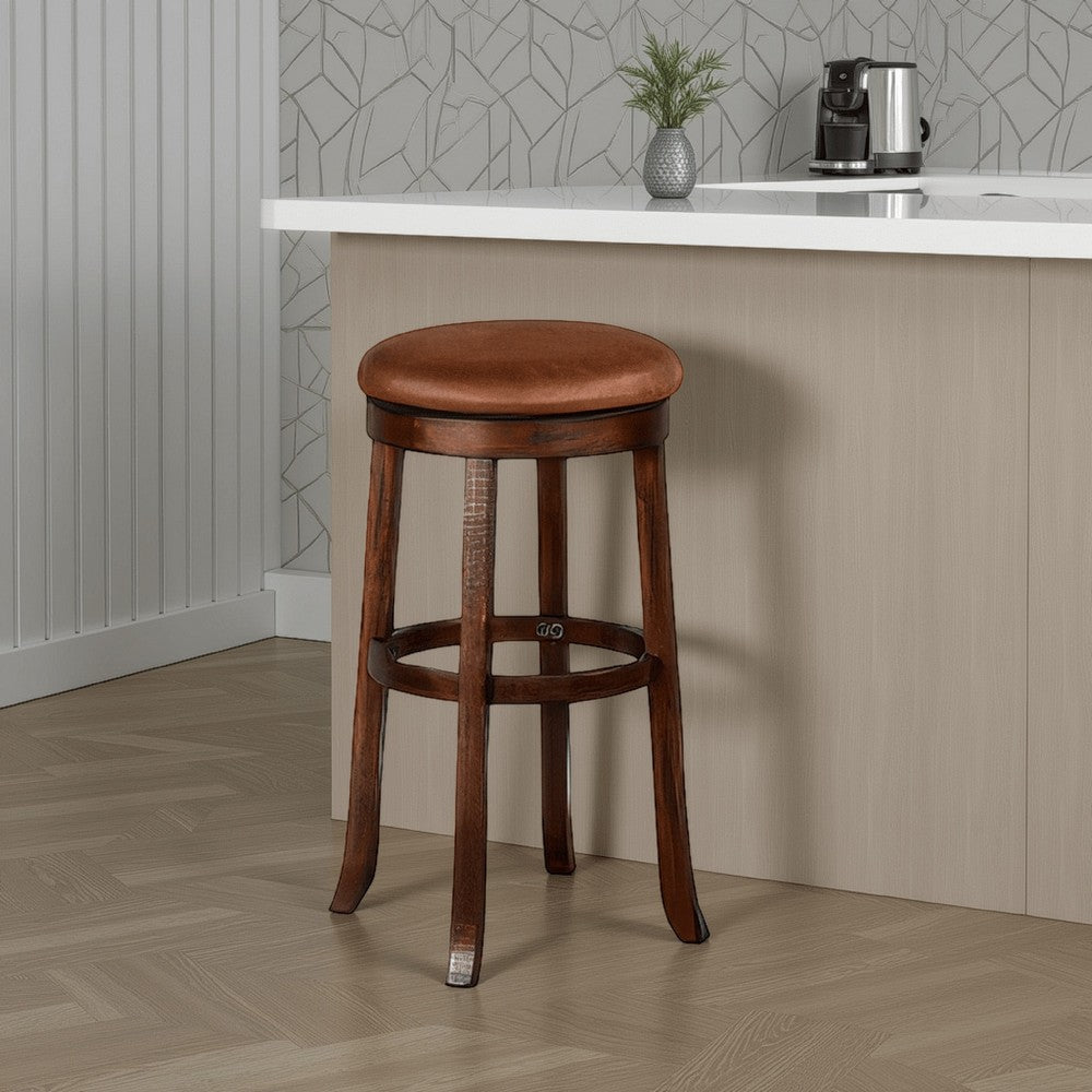 Benjara Odel Swivel Barstool Set of 2, Brown Faux Leather, Dark Mahogany