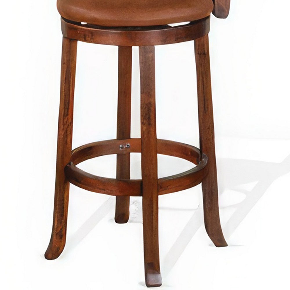 Benjara Odel Swivel Barstool Chair Set of 2, Brown Faux Leather, Dark Mahogany