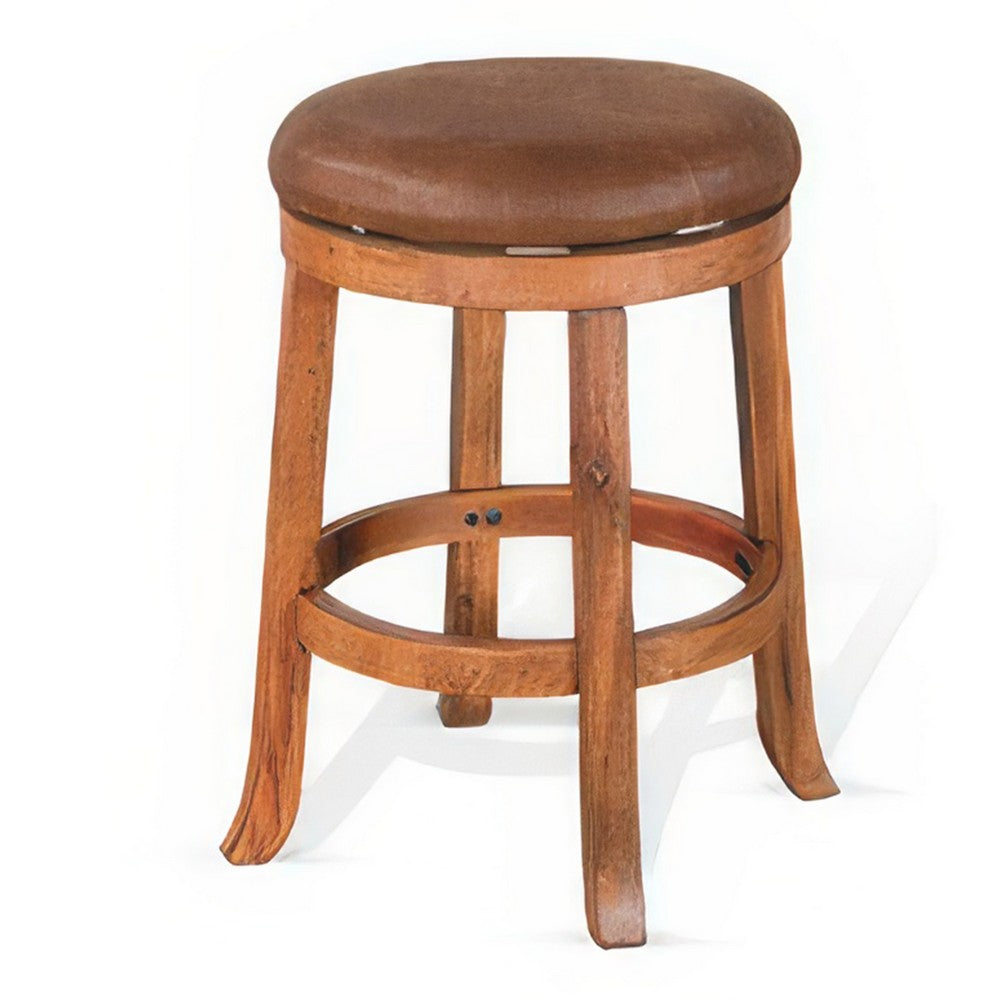 Benjara Marv Swivel Counter Stool Set of 2 | Faux Leather Seat | Rustic Oak Brown Mahogany Wood