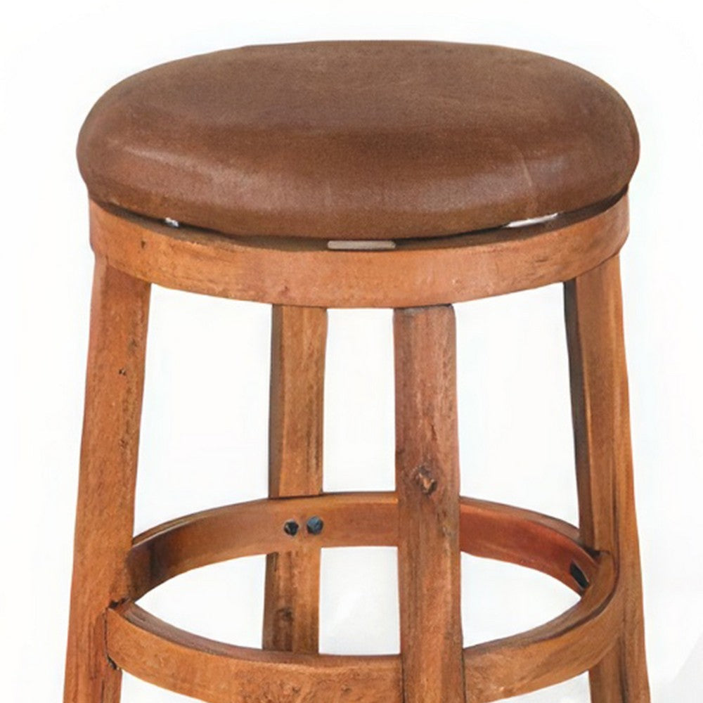 Benjara Marv Swivel Counter Stool Set of 2 | Faux Leather Seat | Rustic Oak Brown Mahogany Wood