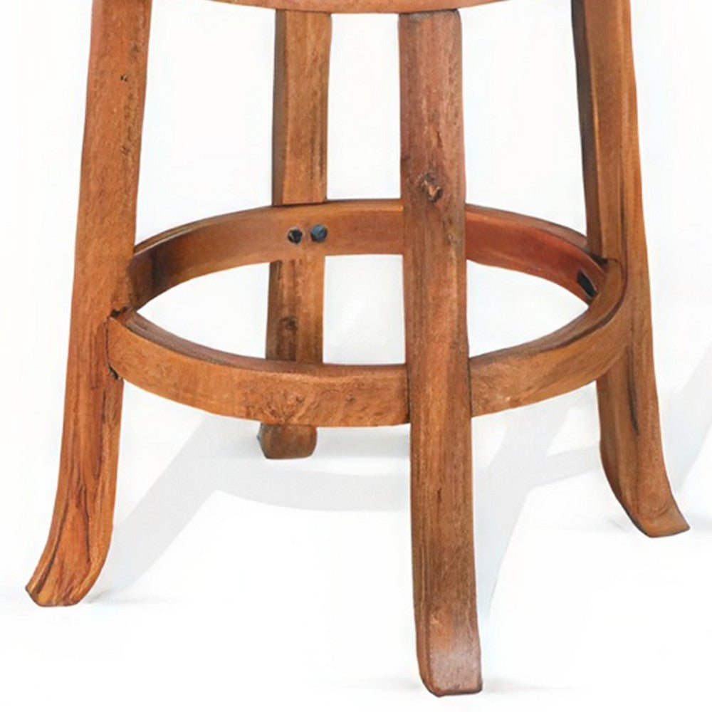 Benjara Marv Swivel Counter Stool Set of 2 | Faux Leather Seat | Rustic Oak Brown Mahogany Wood