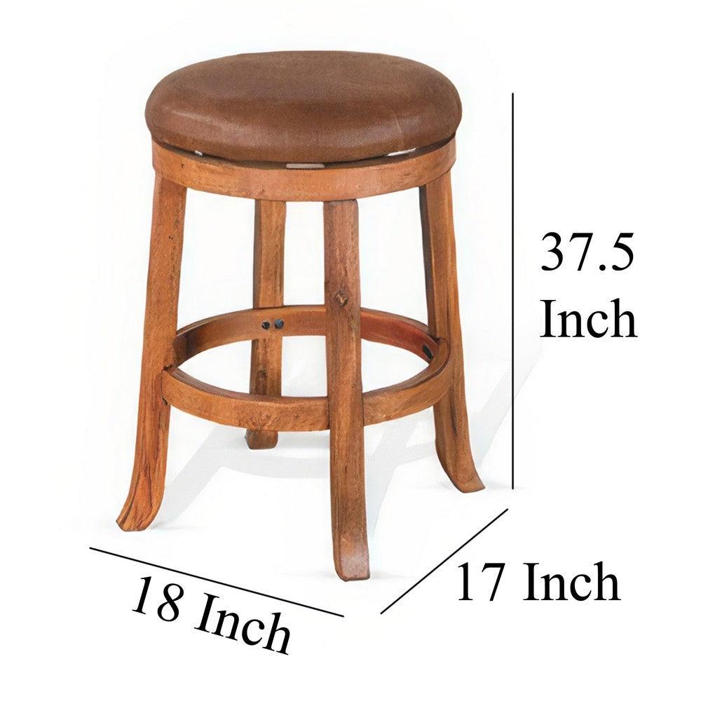 Benjara Marv Swivel Counter Stool Set of 2 | Faux Leather Seat | Rustic Oak Brown Mahogany Wood