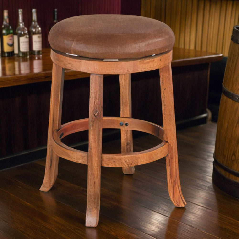 Benjara Marv Swivel Counter Stool Set of 2 | Faux Leather Seat | Rustic Oak Brown Mahogany Wood