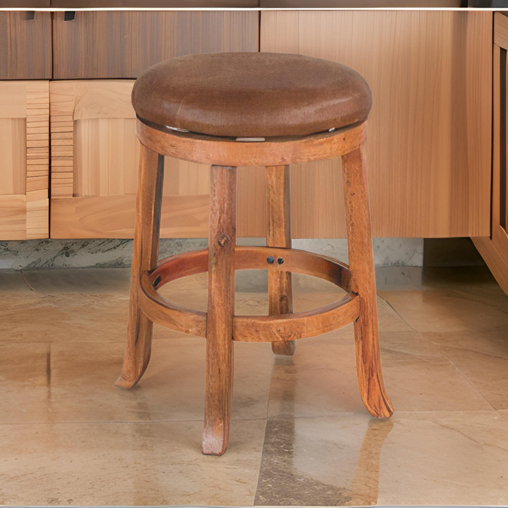 Benjara Marv Swivel Counter Stool Set of 2 | Faux Leather Seat | Rustic Oak Brown Mahogany Wood