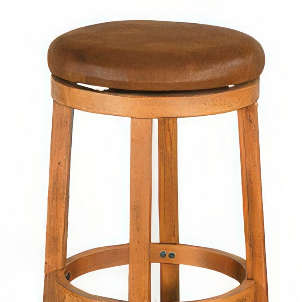 Benjara Marv Swivel Barstool Set of 2, Brown Faux Leather, Mahogany Wood