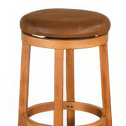 Benjara Marv Swivel Barstool Set of 2, Brown Faux Leather, Mahogany Wood