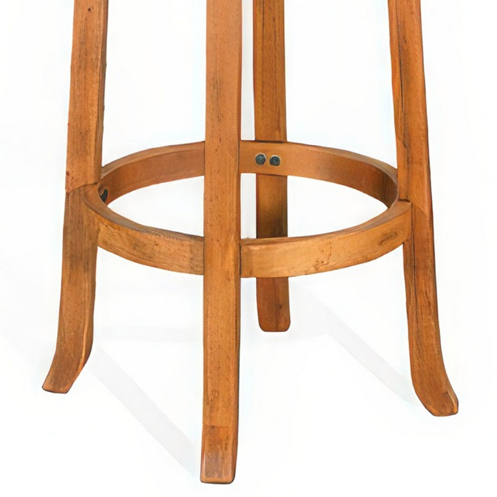 Benjara Marv Swivel Barstool Set of 2, Brown Faux Leather, Mahogany Wood