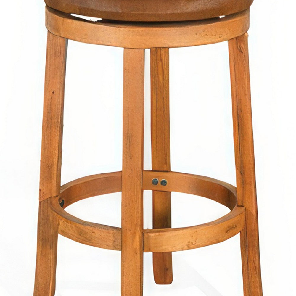 Benjara Marv Swivel Barstool Set of 2, Brown Faux Leather, Mahogany Wood