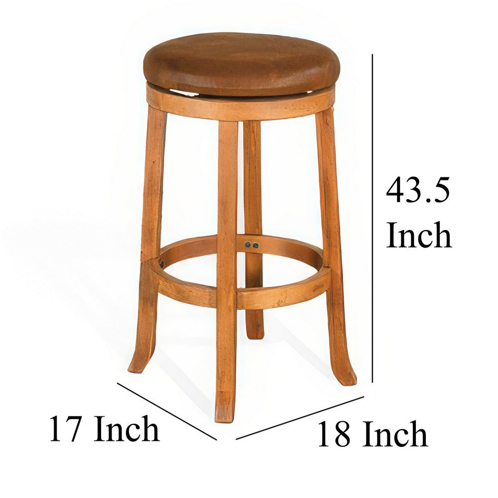 Benjara Marv Swivel Barstool Set of 2, Brown Faux Leather, Mahogany Wood