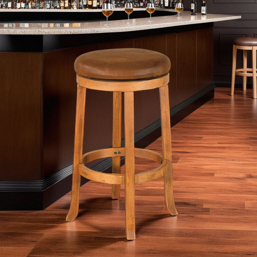 Benjara Marv Swivel Barstool Set of 2, Brown Faux Leather, Mahogany Wood