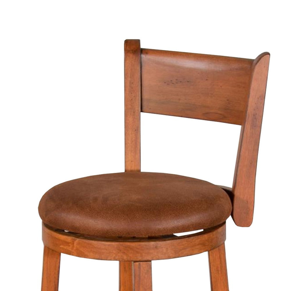 Benjara Marv Swivel Counter Height Chair Set of 2, Brown Faux Leather, Wood