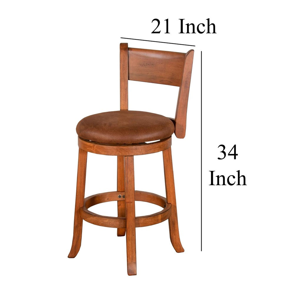 Benjara Marv Swivel Counter Height Chair Set of 2, Brown Faux Leather, Wood